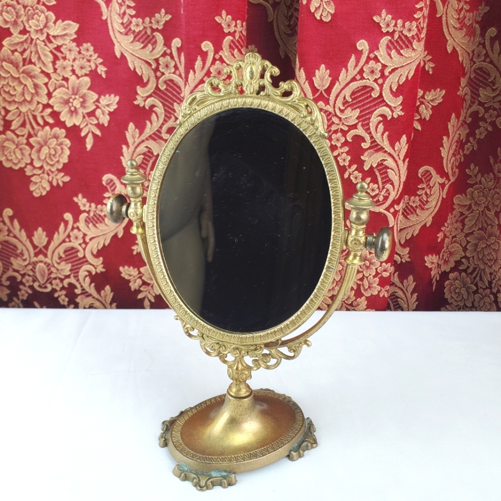 1920's Antique Brass vanity table ornate swivel mirror